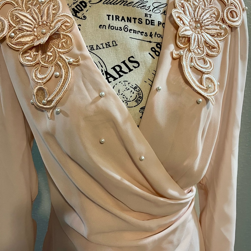Vintage Miss Elliette Blush Draped Long-Sleeve Dress Size 8 - Picture 2 of 8
